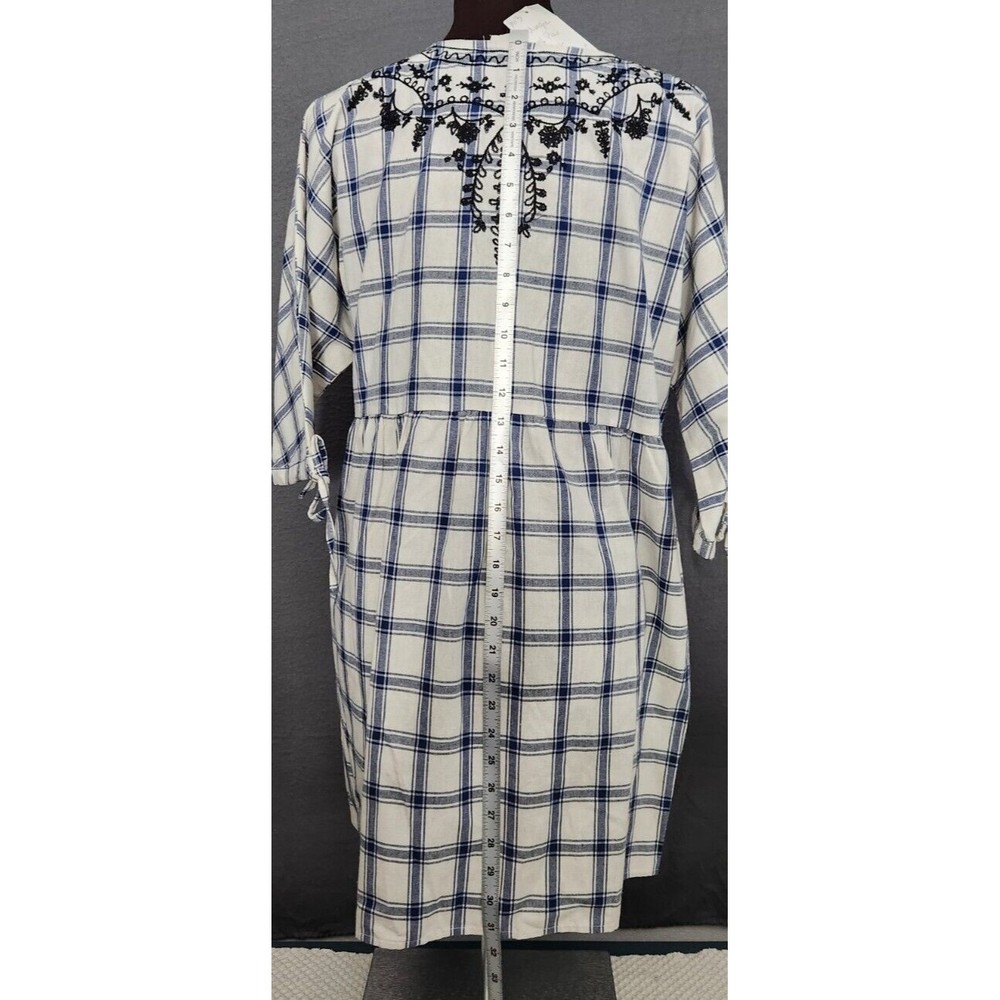 NEW Umgee Plaid Embroidered Short Sleeve Ivory Navy Babydoll Dress Women Boho L‎ - Picture 5 of 12